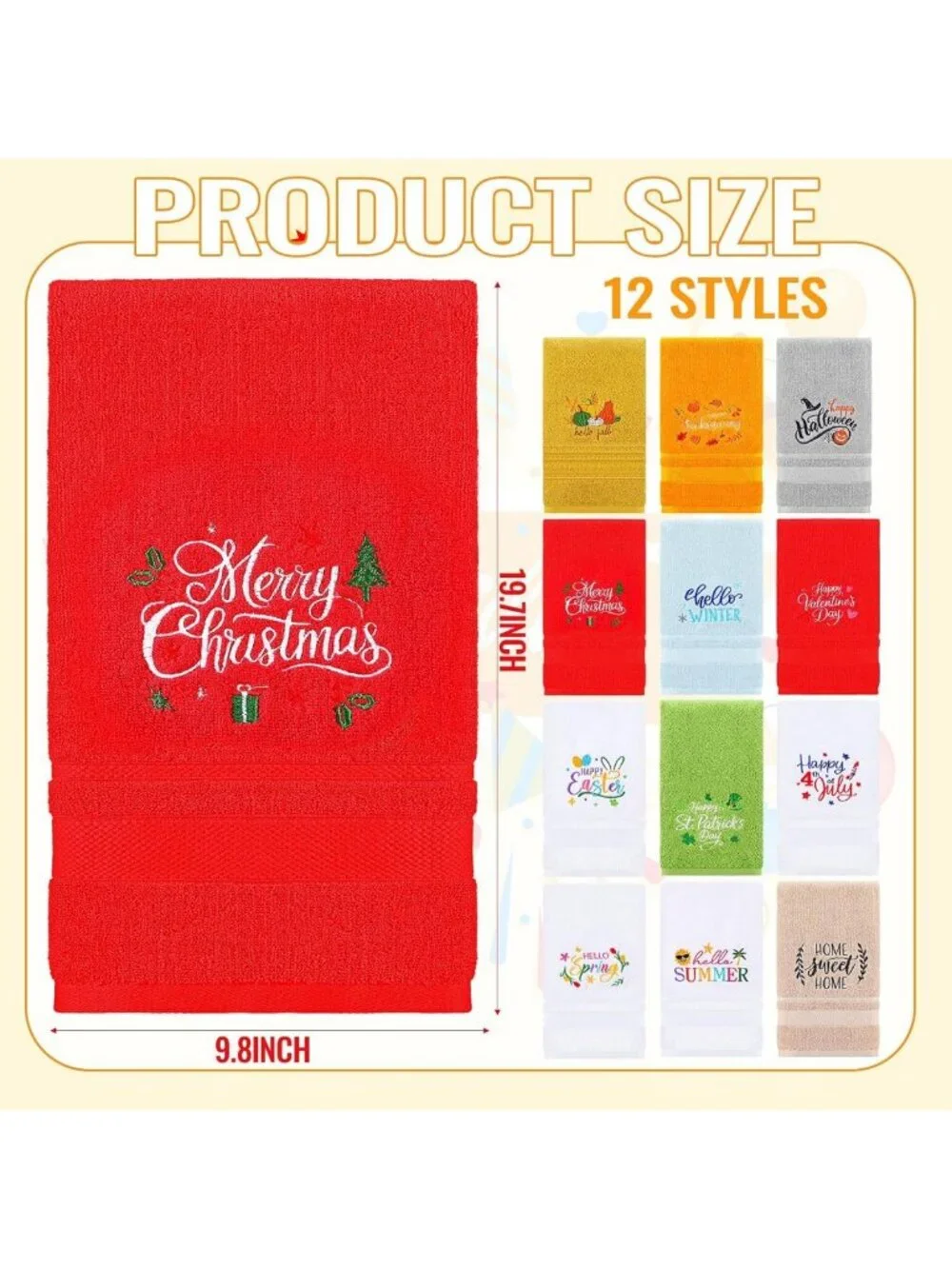 12 Pcs Embroidered Cotton Hand Towels - Seasonal Holiday Bath Towel Set